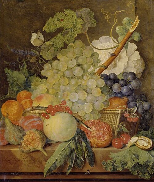 Fruit on a marble table and a basket with flowers and a butterfly, 1743, Jan van Huysum