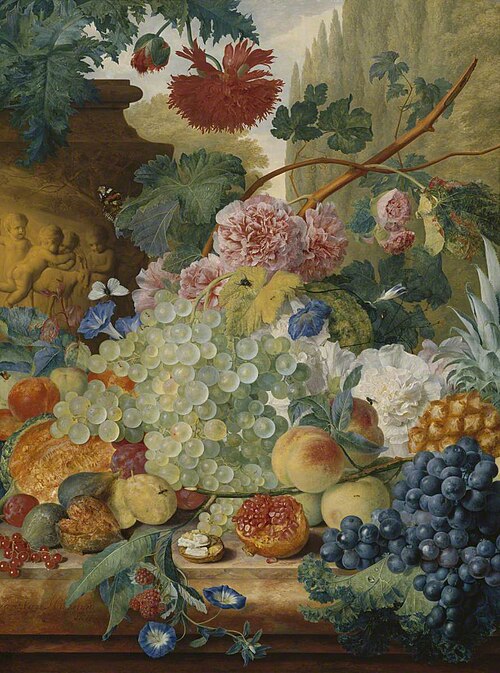 A Still Life of Flowers and Fruit, upon a Ledge, in a Park Setting, 1742, Jan van Huysum