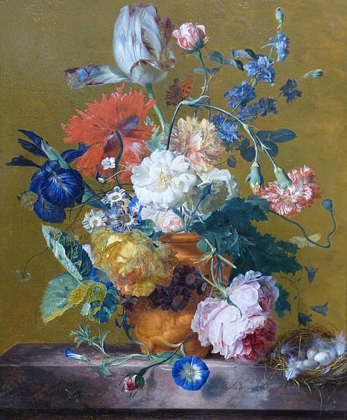 Flower Still Life in a Terracotta Vase with a Bird's Nest on a Marble Table, 1735, Jan van Huysum