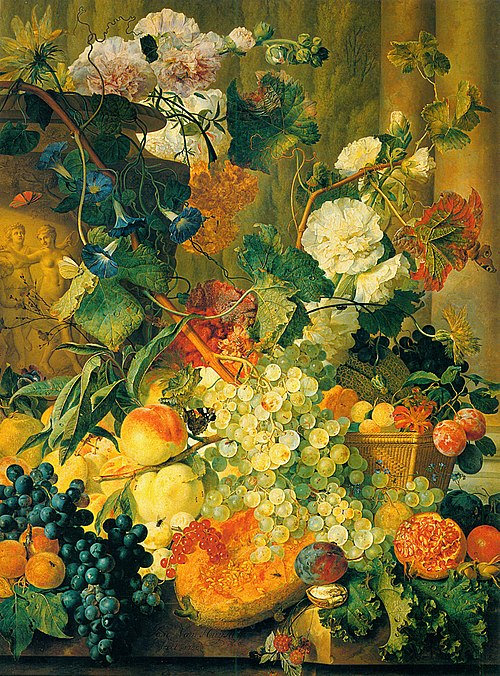 Hollyhocks and Fruit by Two Columns, 1730, Jan van Huysum