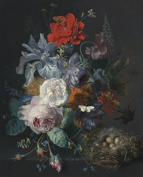 Glass Vase with Flowers, a Poppy and a Finch Nest, 1721, Jan van Huysum
