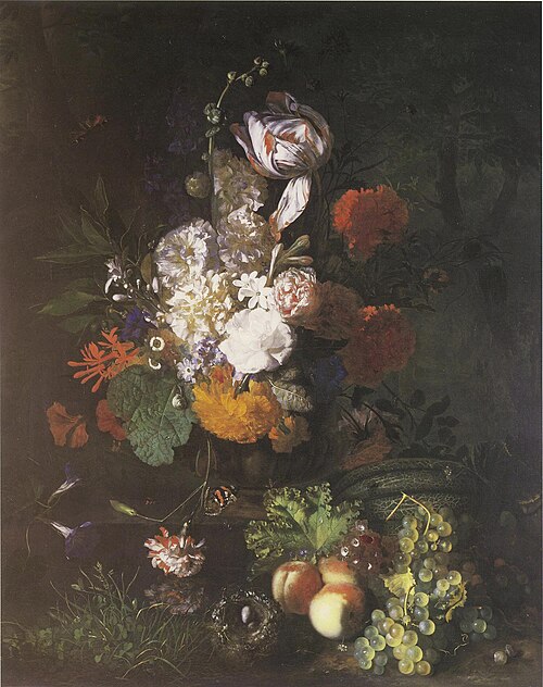 Flower piece with fruit and turf, 1720, Jan van Huysum