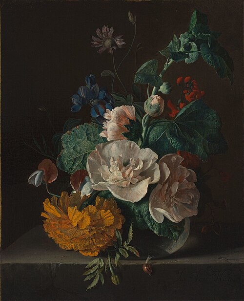 Floral Still Life with Hollyhock and Marigold, 1718, Jan van Huysum