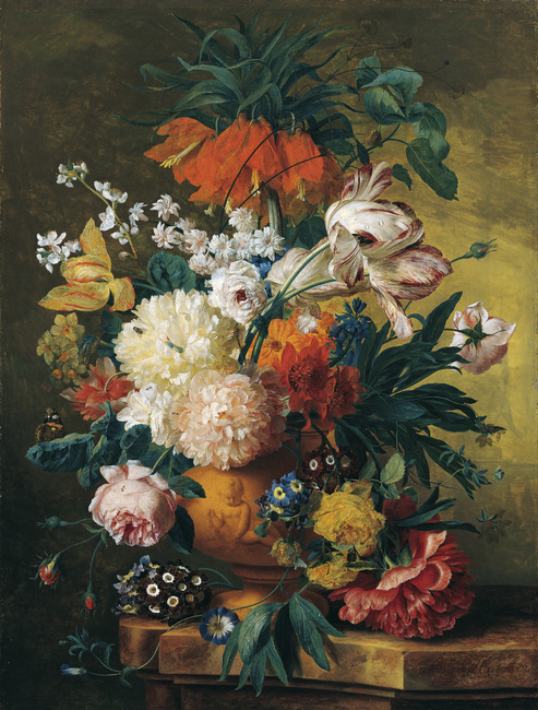Flowers in a terracotta vase, adorned with a putto, on a marble ledge, 1732, Jan van Huysum
