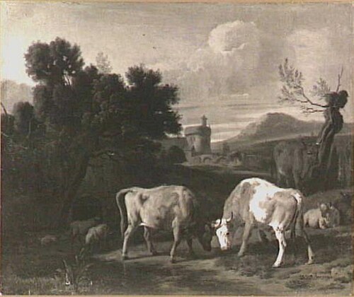landscape with fighting bulls, 1675, Dirck van den Bergen