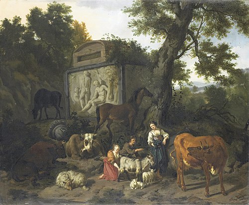 Landscape with herdsmen and cattle near a tomb, 1675, Dirck van den Bergen