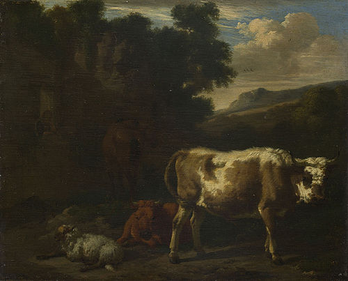 Deux Veaux, un Mouton et un Cheval brun gris près d'une ruine, 1665, Dirck van den Bergen