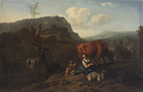 Mountainous landscape with a shepherdess and cows, 1680, Dirck van den Bergen