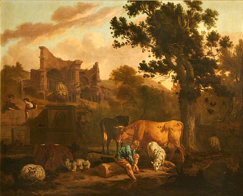 Landscape with Ruins, a Tomb, Herdsfolk, Sheep and Goats, 1676, Dirck van den Bergen