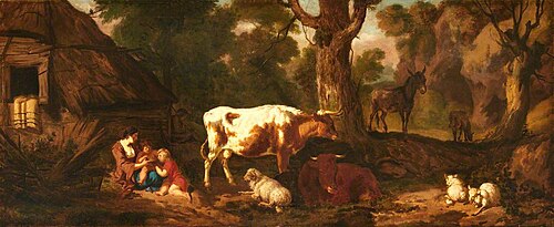 A Mother with Two Children, Two Cows, Sheep, and an Ass, in a Clearing outside a Cottage, 1676, Dirck van den Bergen