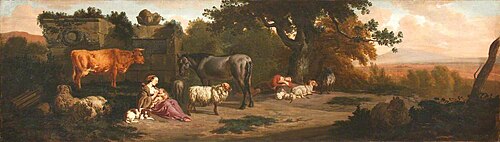 Landscape with Nursing Herdswoman, Sleeping Herdsman and a Cow, a Horse, and Sheep, 1675, Dirck van den Bergen