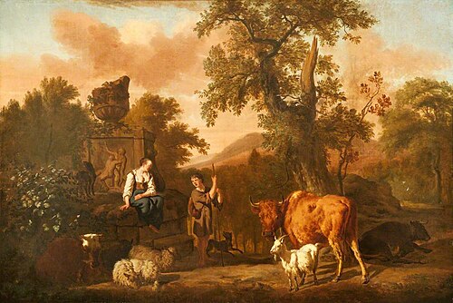 A Landscape with an Antique Tomb with a Ruined Urn, a Herdsboy and Shepherd Girl, Cattle, Sheep,  an, 1676, Dirck van den Bergen