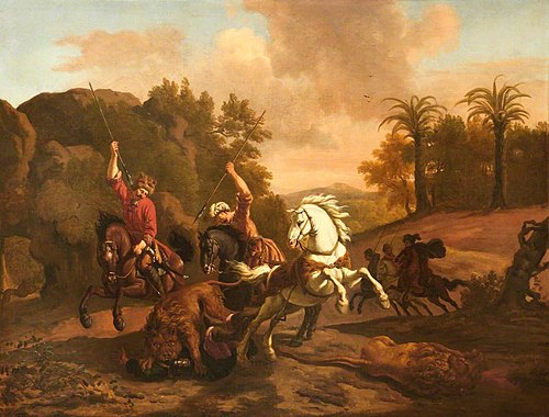 Orientals spearing a Lion devouring a Fallen Rider, with a Dead Lion and other Horsemen, 1676, Dirck van der Bergen