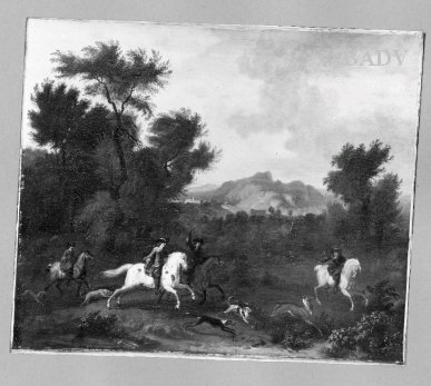 Landscape with Hunting people, 1698, Dirk Maas