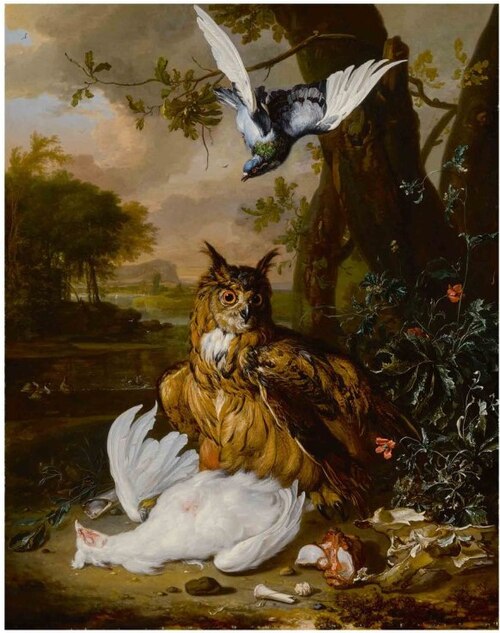 A Eurasian eagle-owl with with other birds in a landscape, , Dirk Valkenburg