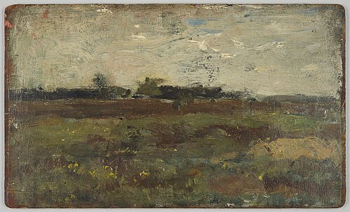 Paneel op twee zijden beschilderd met op de voorkant een landschap door Jozef Israëls en op de achte, 1900, Jozef Israëls