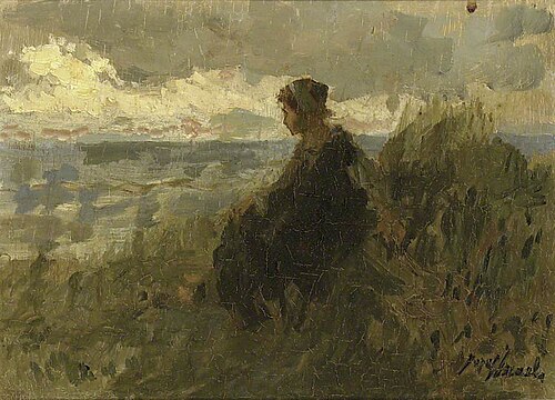 A Fishergirl on a Dune, knitting, , Jozef Israëls