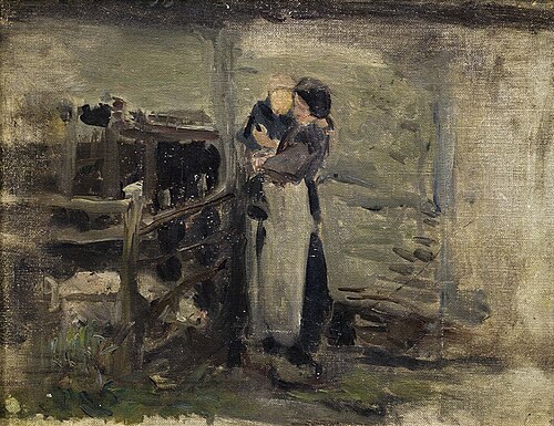Vrouw met kind bij varkenshok, 1877, Jozef Israëls