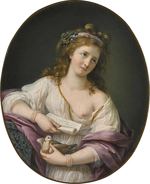 A melancholy girl holding a letter and a dove, 1784, Marie-Victoire Lemoine