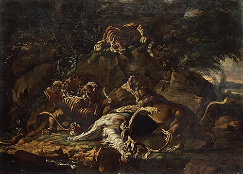 Predators and dead Deer, 1760, Johann Elias Ridinger