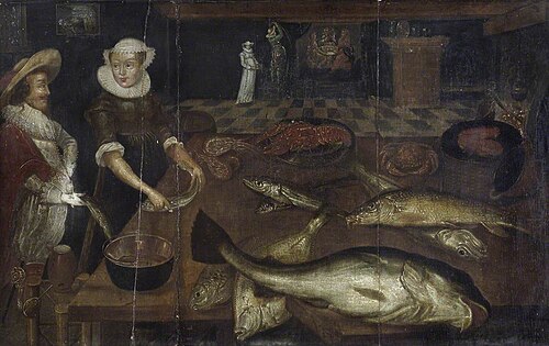 A Kitchen with a Fish Seller and a Cavalier, the Supper at Emmaeus in the Room beyond, , Joachim Bueckelaer