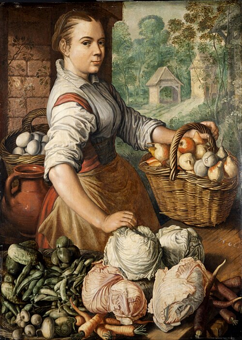 Young woman selling vegatables, 1566, Joachim Bueckelaer
