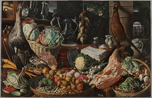 Scène de cuisine avec le Christ à Emmaüs, 1560, Joachim Bueckelaer