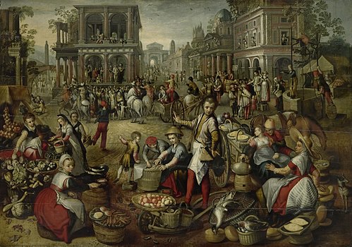 Marketplace with the flaggellation, the Ecce Homo and the bearing of the cross in the background, 1550, Joachim Bueckelaer