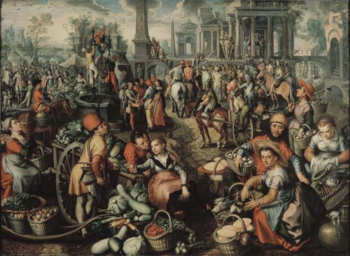 Market Scene: Ecce Homo, the Flagellation and the Carrying of the Cross, 1561, Joachim Bueckelaer