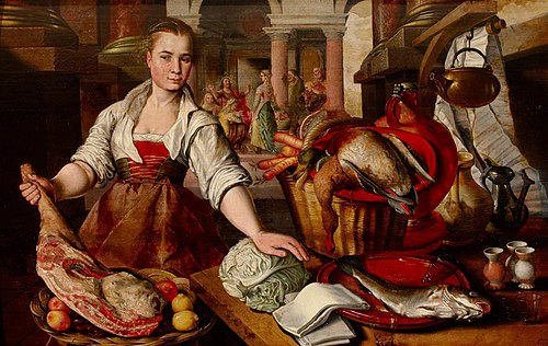 A Maid in a Kitchen with Christ in the House of Martha and Mary in the background, 1565, Joachim Bueckelaer