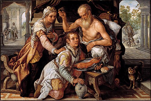 Isaac sitting in bed blesses Jacob who, disguised in Esau's clothes, brings food to his father (Gene, 1568, Joachim Bueckelaer