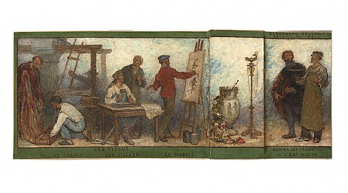 Benvenuto Cellini, artiste du XVIè siècle, admire les produits de l'art moderne : Les tissus : Esqui, 1880, Edmond Eugène Valton