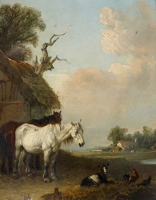Landscape with Two Horses and a Goat by a Shed, 1841, Edmund Bristow