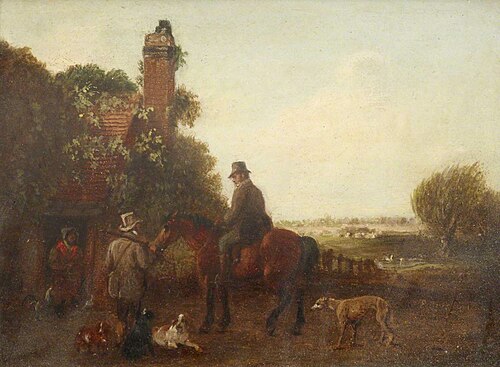 Two Sportsmen, one of them Mounted, with Dogs, outside a Cottage, 1841, Edmund Bristow
