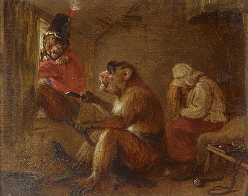 From a set of Four Singeries: A Failed Escape: a Monkey cutting off the Suitor's Tail, 1841, Edmund Bristow