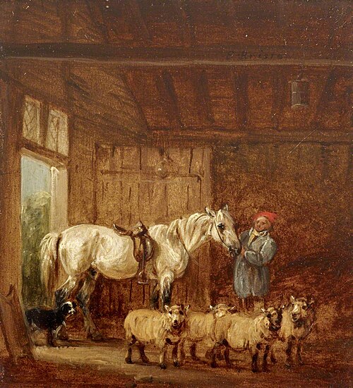 A White Horse with a Groom, and Sheep in a Barn, 1841, Edmund Bristow