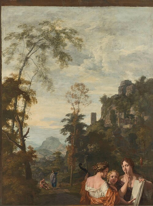 Italian landscape with three women making music, 1687, Gerard de Lairesse