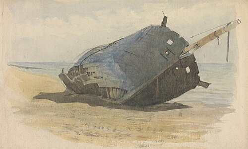 Hulk aground on beach, , Edward Duncan