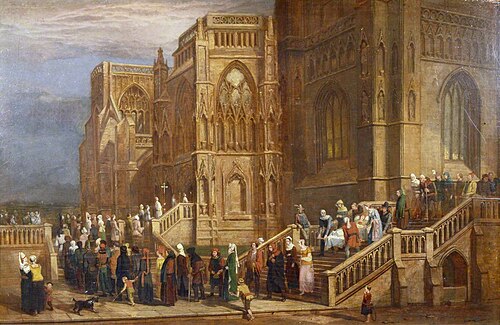 A Procession of Pilgrims outside St Mary Redcliffe, 1827, Edward Villiers Rippingille