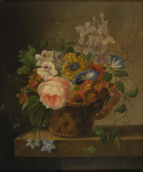 Bloemstuk in korfje op tafel, 1839, Eelke Jelles Eelkema