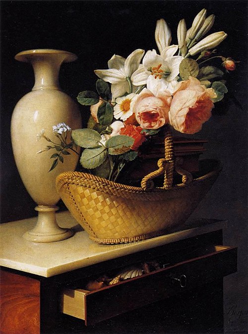 Bouquet de lis et de roses dans une corbeille posée sur une chiffonnière, 1814, Antoine Berjon