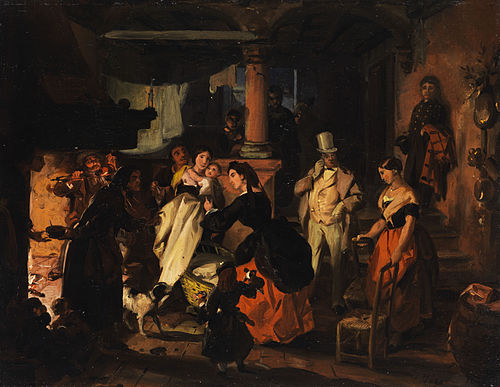 Hoher Besuch bei einer Arbeiterfamilie mit einem kleinen Kind., 1874, Angelo Inganni
