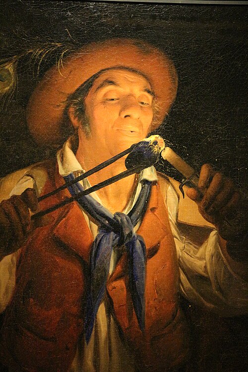 contadino che accende la candela con un tizzone ardente, 1850, Angelo Inganni