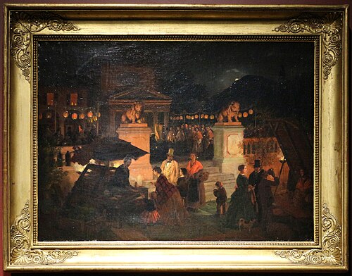 processione con festa notturna nella piazza di gussago, 1869, Angelo Inganni