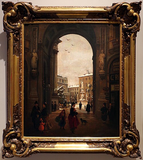 veduta di piazza della scala con neve cadente vista dalla galleria, 1874, Angelo Inganni
