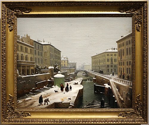 veduta presa sul ponte di porta orientale con neve cadente, 1850, Angelo Inganni