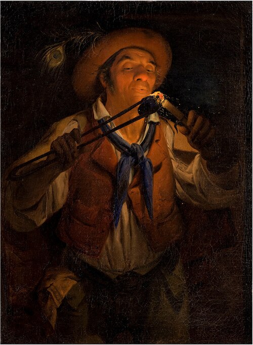 Contadino che accende la candela con un tizzone ardente, 1850, Angelo Inganni