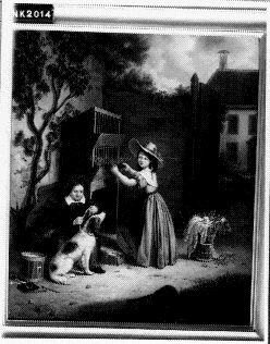 Kinderen met hond in achtertuin, 1835, Elisabeth Alida Haanen