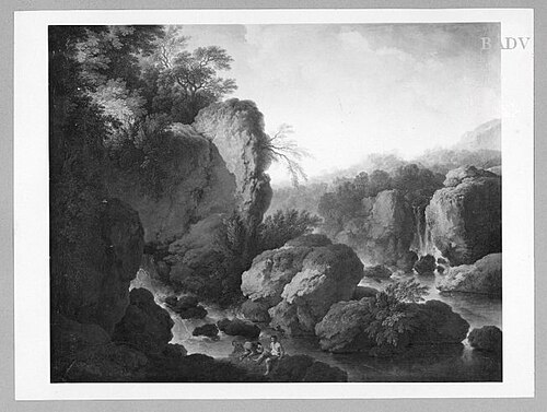Rocks with waterfall + boys, 1737, Christian Wilhelm Ernst Dietri