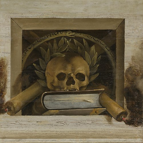 Vanitas Still Life with Skull with a Laurel Wreath and Two Burning Candles, 1650, Jacob van Campen